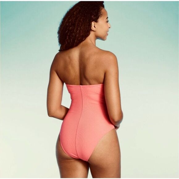 Shade & Shore Coral Pink Strapless Ribbed One Piece Swimsuit Size XS New - Picture 2 of 5